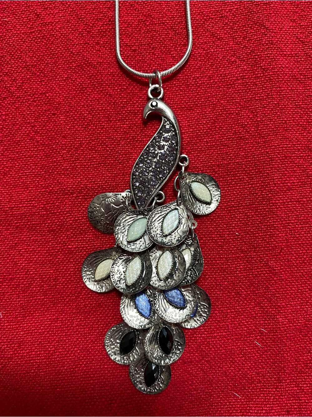 Vintage RMN Silver Plate Articulated Peacock Pendant Necklace various colors